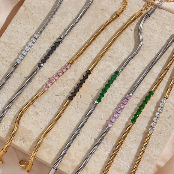 Emerald Green Zircon Snake chain Bracelet 18K Gold Plated Stainless Steel - Picture 6 of 9